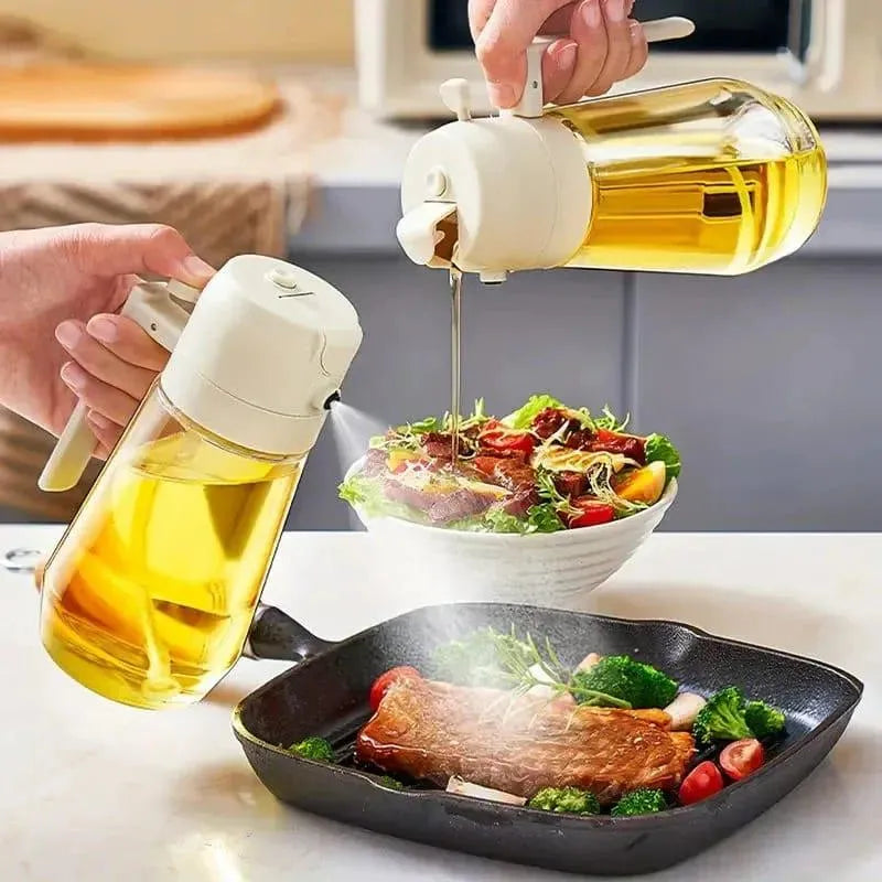 2-in-1 Oil Spray Bottle | Adjustable Mist & Dispenser | 470ml Leak-Proof Glass Container | For Cooking, BBQ, Baking & Air Fryer 500ml (Random Color)